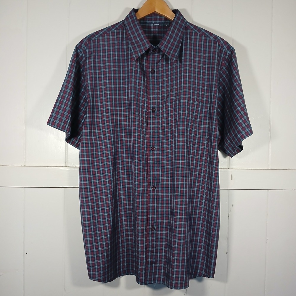 Vintage Rusty Surf Skate Button Up Shirt Mens XL Blue Red Plaid Short Sleeve